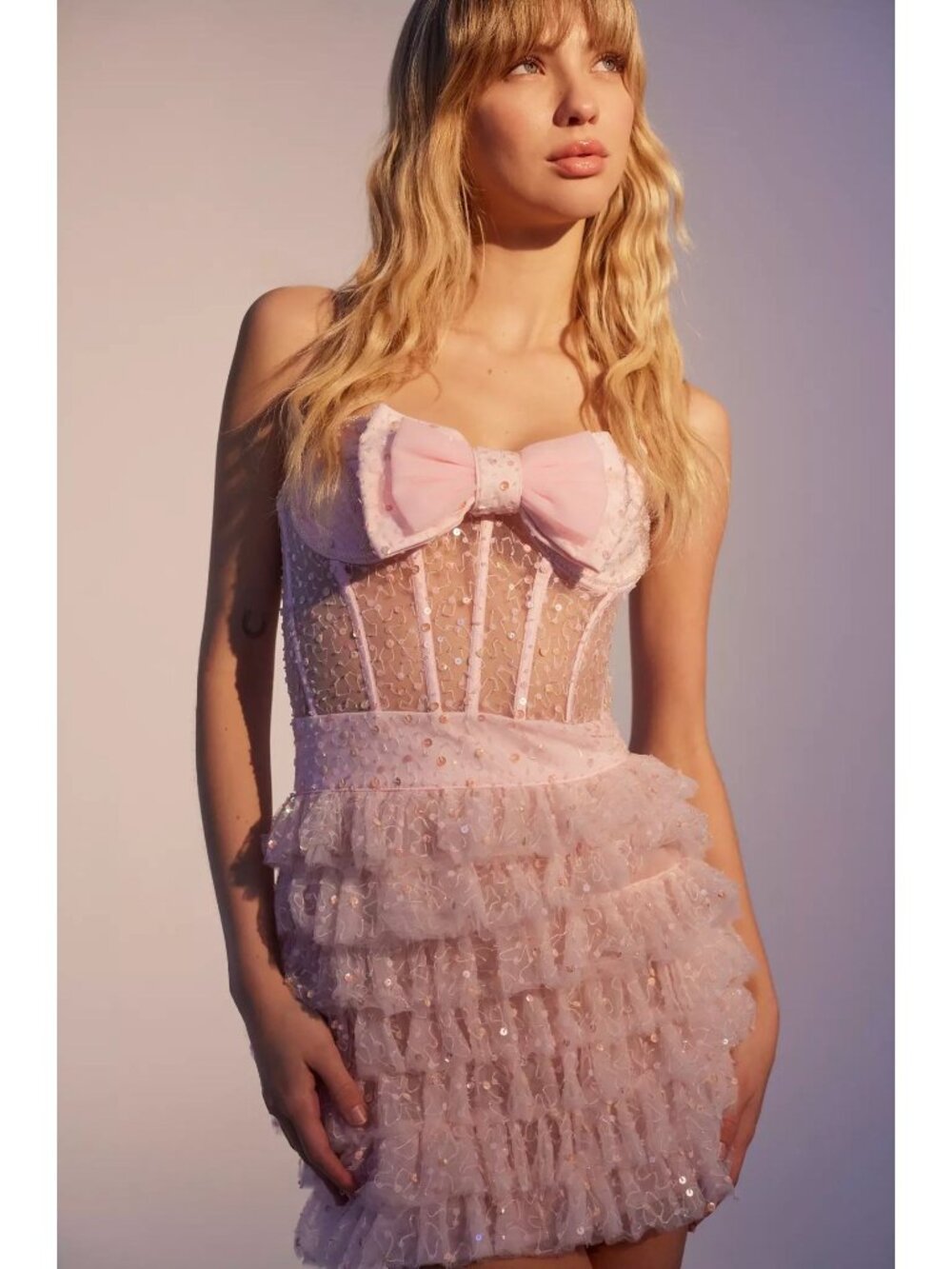 Dyspnea Paris Bow Peeper Mini Dress Pink Corset Sequin Bow Ruffle Sheer US 8